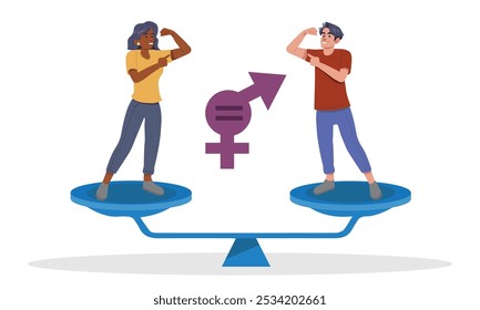 Happy man and woman are weighing scales plates flat vector illustration. Couple demonstrates gender equality, balance of power, emancipation and partnership isolated on white.