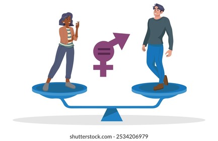 Happy man and woman are weighing scales plates flat vector illustration. Couple demonstrates gender equality, relationship balance, emancipation and partnership isolated on white.