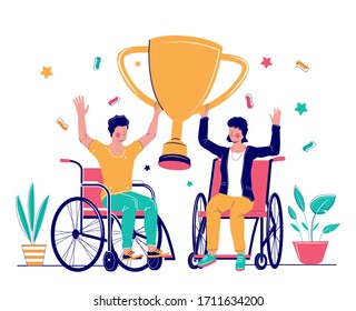 Happy man and woman in wheelchair holding huge gold trophy cup, vector flat illustration. Disabled people celebrating victory, business success. Business goal achievement concept.