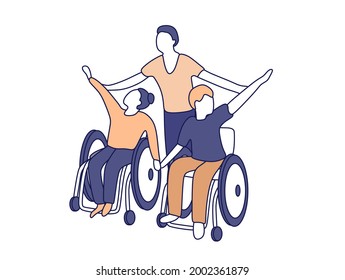 Happy man and woman in a wheelchair for rehabilitation. The man takes care of the disabled and helps to adapt to life. Social inclusion concept