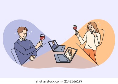 Happy man and woman with wine glasses having online date on computers. Smiling couple enjoy virtual meeting or webcam event on laptop on isolation. Relationship on distance. Vector illustration. 