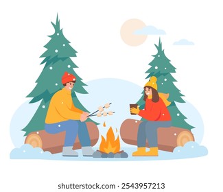 Happy man and woman in winter forest near fire. Cozy cold weather. Snowy winter season outdoor activity. Vector character illustration isolated on white background.