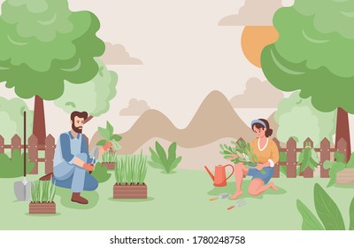 Happy man and woman working in the garden in summer vector flat illustration. Farmers or gardeners planting trees or flowers. Summer countryside landscape with green trees, hills, and bushes.