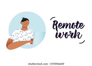 Happy Man at Work in Circle Shape. Modern Flat Vector Illustration. Laptop. Remote Work. Social Media Template.