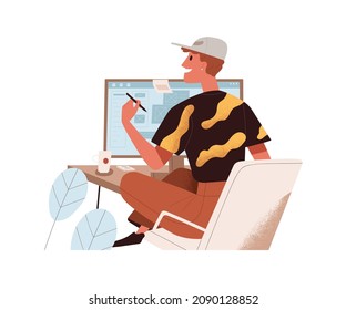 Happy man work at desktop computer. Creative employee at modern workplace with table, PC and stylus. Back of smiling creator at office desk. Flat vector illustration isolated on white background