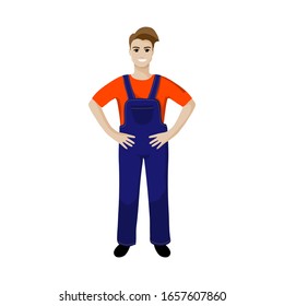 Happy man in work dungarees standing on white background. Vector illustration in cartoon style.