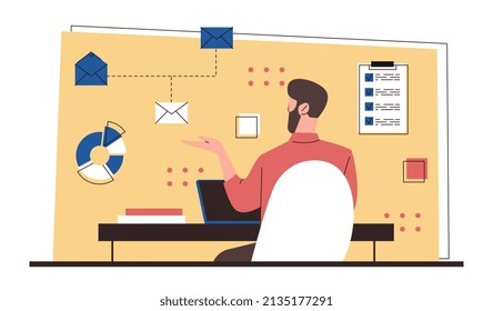 Happy man work. Hardworking employee, programmer at workplace. Manager fills out report, freelancer writes code for site or develops application. Modern technologies. Cartoon flat vector illustration