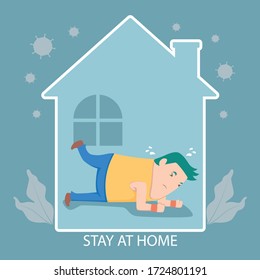 El hombre feliz trabaja desde el concepto de casa. Manténgase en casa para hacer ejercicios de planking.
