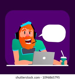 happy man work at home on laptop like gamer, blogger, trainer or other