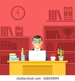 Happy Man At Work In Office. Smiling Man At Desk, Workspace, Office Room, Place Of Work Concepts. Front View. Modern Flat Design Graphic Elements Set. Vector Illustration