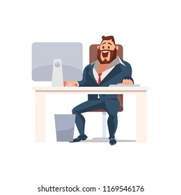 Happy Man Work in Office. Worker in Workplace. Office Fun. Corporate Culture in Company. Cheerful Working Day. Happy Office Workers. Businessman Working at Computer. Vector Flat Illustration.