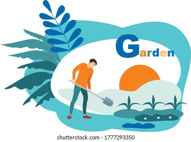 Happy man working in the garden, digging with a shovel. Vector image on a green background.