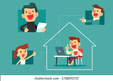 Happy man working at home video calling with his colleague. Social distancing, work from home business concept.