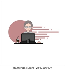 Hombre feliz trabajando en una computadora. Ilustración vectorial plana aislada sobre fondo blanco