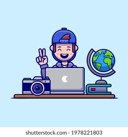 Happy Man Working On Laptop Cartoon Vector Icon Illustration. People Technology Icon Concept Isolated Premium Vector. Flat Cartoon Style
