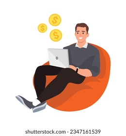 Happy man working on a laptop computer while sitting in a bean bag chair over isolated background. Freelancer guy working at home. Flat vector illustration isolated on white background