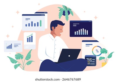 Happy man working on a laptop, smiling at the screen while surrounded by various business data charts and graphs, representing financial analysis or business intelligence. Flat design illustration