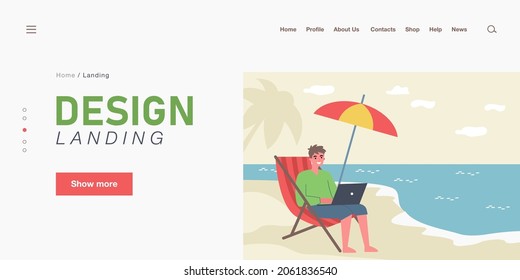 Happy man working remotely at beach. Worker with laptop sitting on chair by sea flat vector illustration. Freelancing, remote work, vacation concept for banner, website design or landing web page