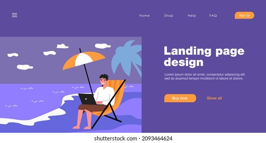 Happy man working remotely at beach. Worker with laptop sitting on chair by sea flat vector illustration. Freelancing, remote work, vacation concept for banner, website design or landing web page