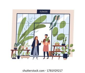 Happy man working at small shop with potted plants vector flat illustration. Male owner of growing and selling flowers at store isolated. Smiling vendor sell houseplant in pot to female buyer