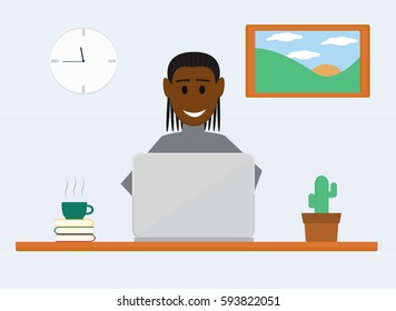 Happy man works at the computer. Flat office illustration.