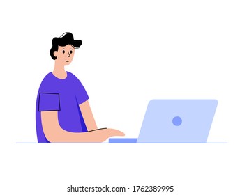 Happy man works at home with a computer or laptop. Online learning or communication. Remote education concept. Adult or young male character. Flat vector illustration.
