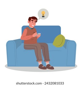 happy man writing down ideas sitting on sofa, vector illustration.