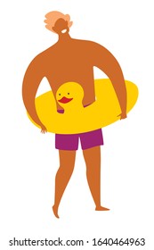 Happy man with yellow duck rubber rings vector illustration. Guy relax near the pool. Summer holiday rest concept. Summer outdoor activities. Flat cartoon retro style, isolated on white background