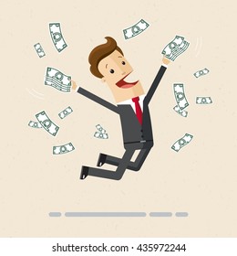 Happy Manager oder Geschäftsmann erhält viel Geld und springt vor Freude. Vektorgrafik, flach, Illustration