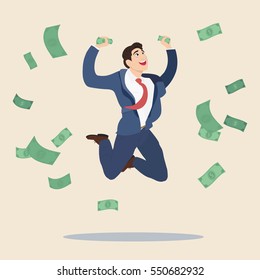 Happy manager or business man getting a lot of money and jumping for joy. Vector, flat, illustration