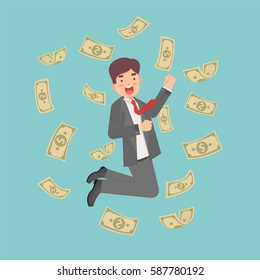 Happy manager or business man getting a lot of money and jumping for joy. Vector, flat, illustration