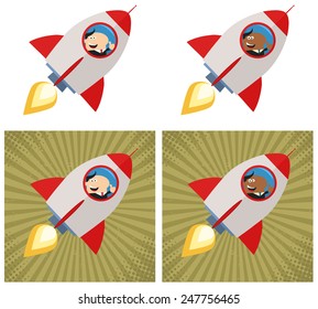 Happy Manager Launching A Rocket. Flat Style Vector Collection Set