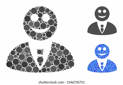 Happy manager mosaic of small circles in different sizes and color tones, based on happy manager icon. Vector small circles are united into blue composition.