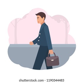 Happy manager or office worker dressed in smart suit walking back home in evening. End of working day. Scene from daily life of ordinary man. Colorful vector illustration in flat cartoon style.