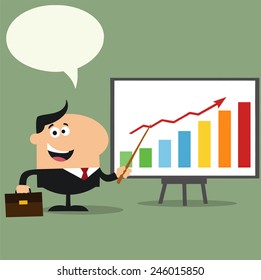 Happy Manager Pointing To A Growth Chart On A Board.Flat Style Vector Illustration With Speech Bubble