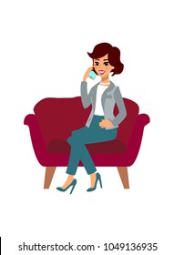 A happy manager sit and talking on the phone. Businesswoman character set. Animate character. Young lady personage. Different woman postures. Vector cartoon personage.