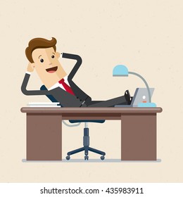 Happy manager sits in a chair, his feet on the table. Flat, illustration, Vector, EPS 10.