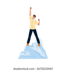 Happy manager standing on mountain peak with raised hands celebrating achieving business goal, leadership and success, reaching top, winning and champion