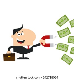 Happy Manager Using A Magnet To Attracts Money.Flat Design Style Vector Illustration Isolated On White