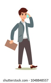 A happy manager walking and talking on the phone. Male character. Businessman character. Animate persona. Different man postures. Vector personage.