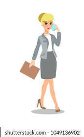 A happy manager walking and talking on the phone. Businesswoman character set. Animate character. Young lady personage. Different woman postures. Vector cartoon personage.