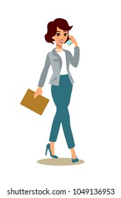 A happy manager walking and talking on the phone. Businesswoman character set. Animate character. Young lady personage. Different woman postures. Vector cartoon personage.