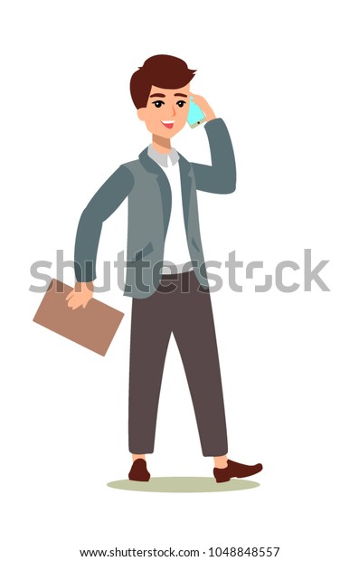 Happy Manager Walking Talking On Phone Stock Vector (Royalty Free ...