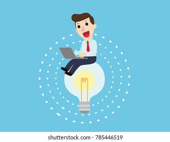 Happy manager working sitting on the light bulb.Busines creating idea concept. Thinking Creativity.Vector flat cartoon cute character design illustration. 