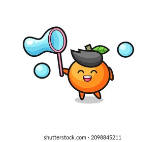 happy mandarin orange cartoon playing soap bubble , cute style design for t shirt, sticker, logo element