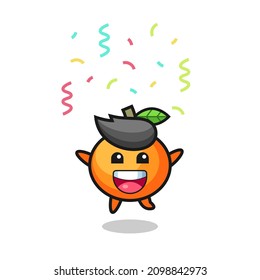 happy mandarin orange mascot jumping for congratulation with colour confetti , cute style design for t shirt, sticker, logo element