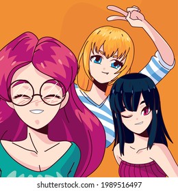 happy manga girls cartoons design