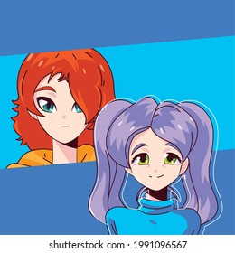 happy manga women cartoons design