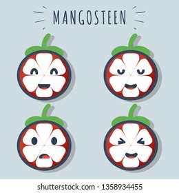 Happy mangosteen fruit with cute kawaii faces, cute vegetable characters with phrases, isolated white - Vector