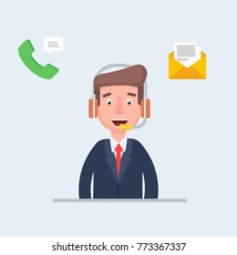 Happy man-operator of trust with a headset advising a client. Online global technical support 24 7. Operator and client. Vector illustration of a flat design.